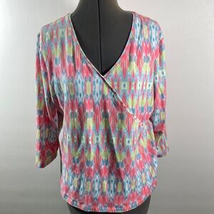 Ruby Rd Top Women Size XL Multi Spring Colored Soft  V Neck 3/4 Sleeves